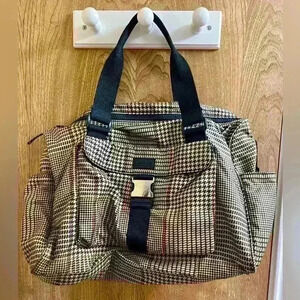 Lauren Ralph Lauren Vintage Houndstooth Large Zip Tote Bag Ivory/Black w/ Buckle